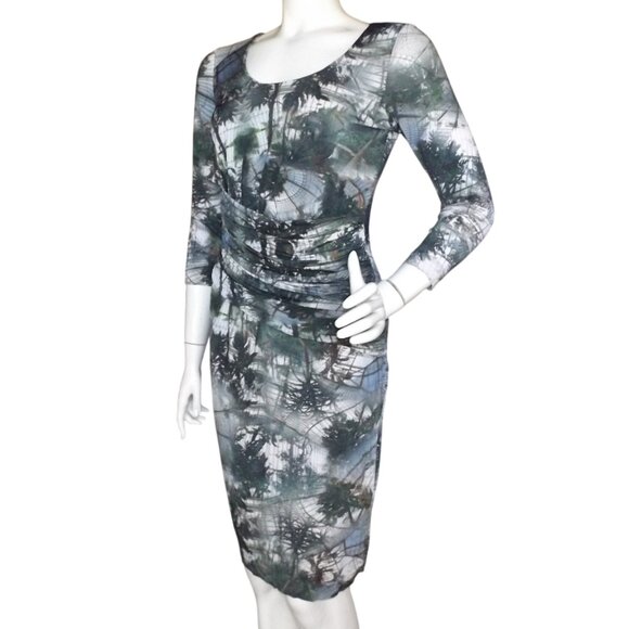 ESCADA Dress,  36/US 6, Elmonde/Forest print, Gathered Waist, Trees/Atrium, Zip - Picture 6 of 15